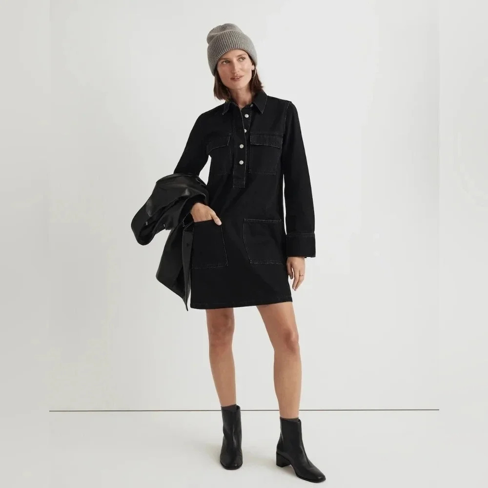 Madewell Black Denim Popover Mini Shirtdress NWT Festival Dark Edgy